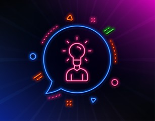 Human silhouette with Idea lamp line icon. Neon laser lights. Business or Education concept sign. Glow laser speech bubble. Neon lights chat bubble. Banner badge with education icon. Vector