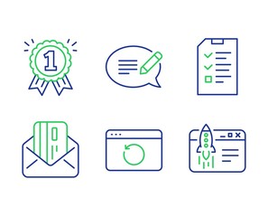 Reward, Message and Credit card line icons set. Recovery internet, Interview and Start business signs. First place, Speech bubble, Mail. Backup info. Education set. Line reward outline icons. Vector