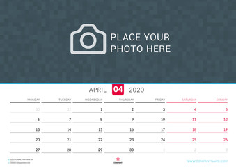 April 2020. Wall calendar planner with place for photo. Vector design print template. Week starts on Monday. Landscape orientation