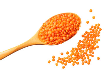 Pile lentil in wooden spoon isolated on white background. Top view.