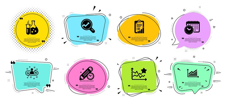 Recruitment, Ranking stars and Graph line icons set. Chat bubbles with quotes. Chemistry flask, Project deadline and Analytics signs. Checklist, Calendar time symbols. Vector