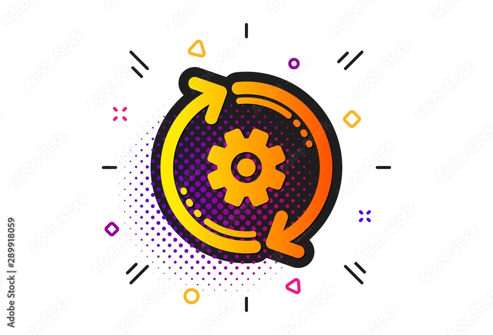Aufkleber engineering tool sign. halftone circles pattern. cogwheel icon. cog gear, refresh settings symbol. c