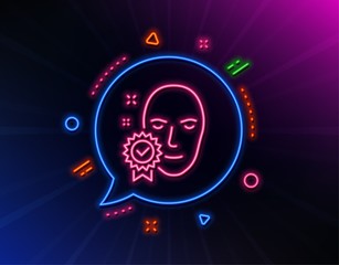Face verified line icon. Neon laser lights. Access granted sign. Facial identification success symbol. Glow laser speech bubble. Neon lights chat bubble. Banner badge with face verified icon. Vector