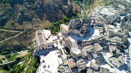 Aerial photo shooting with drone of Matera, a famous Italy town for houses of stones, is one of the Italian sites inscribed in the UNESCO World Heritage List