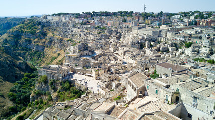 Aerial photo shooting with drone of Matera, a famous Italy town for houses of stones, is one of the Italian sites inscribed in the UNESCO World Heritage List