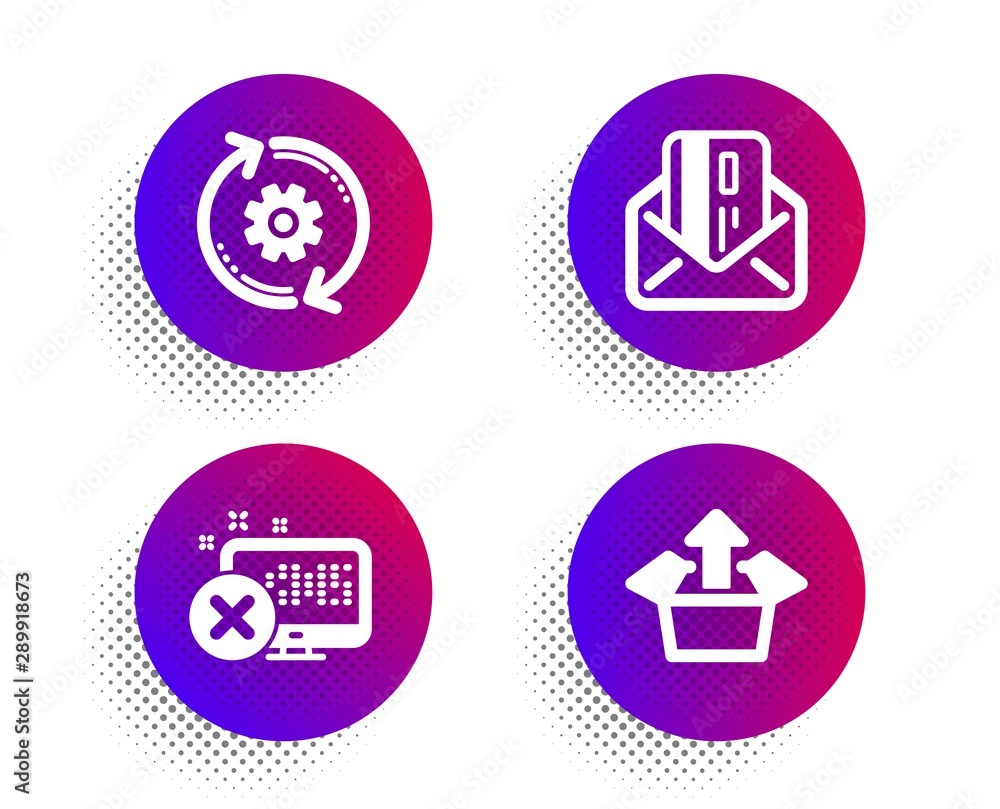 Poster credit card, reject access and cogwheel icons simple set. halftone dots button. send box sign. mail,