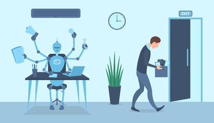 Cartoon Color Characters Human vs Robot Concept. Vector