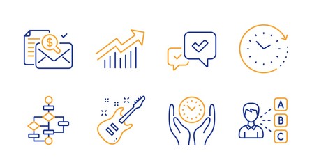 Fototapeta premium Electric guitar, Block diagram and Demand curve line icons set. Safe time, Accounting report and Approve signs. Time change, Opinion symbols. Musical instrument, Algorithm path. Vector