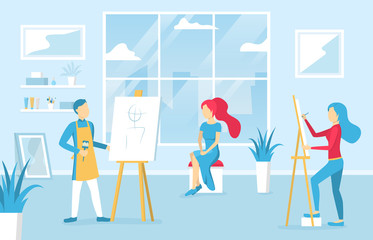 Cartoon Color Characters People and Painting Class Concept. Vector