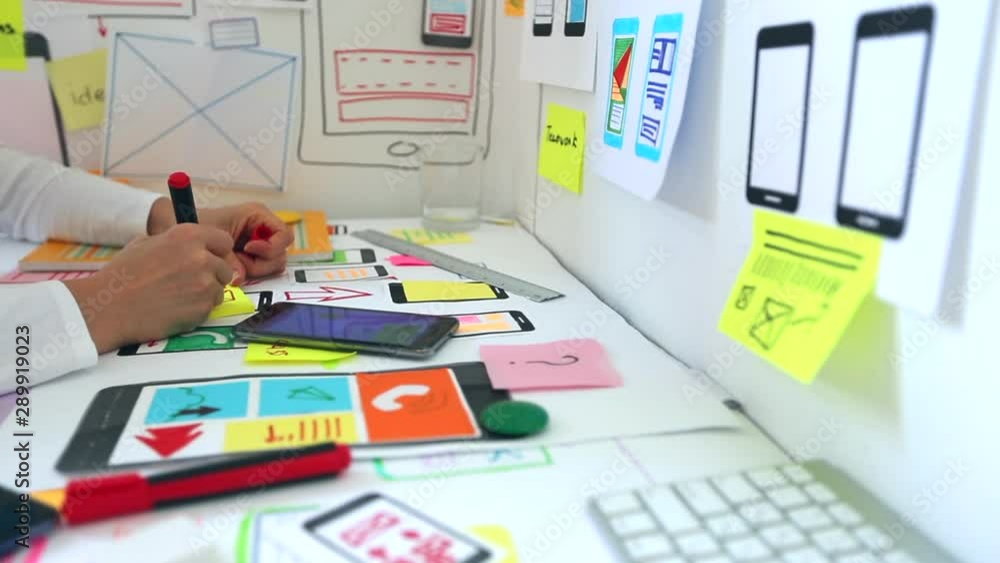 Poster Web designer is developing an application for mobile phones. Creating a layout of the user interface functions of smartphones.  