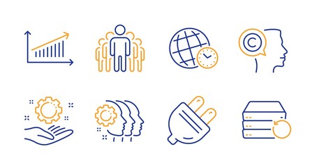Chart, Time zone and Writer line icons set. Employee hand, Electric plug and Group signs. Employees teamwork, Recovery server symbols. Presentation chart, World clock. Science set. Vector