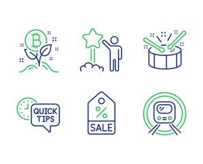 Bitcoin project, Quick tips and Star line icons set. Sale coupon, Drums and Metro subway signs. Cryptocurrency startup, Helpful tricks, Launch rating. Discount tag. Business set. Vector