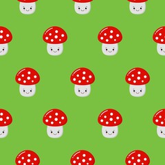 Cartoon Amanita muscaria fly agaric mushroom seamless pattern. Wild forest cute mushrooms vector illustration.