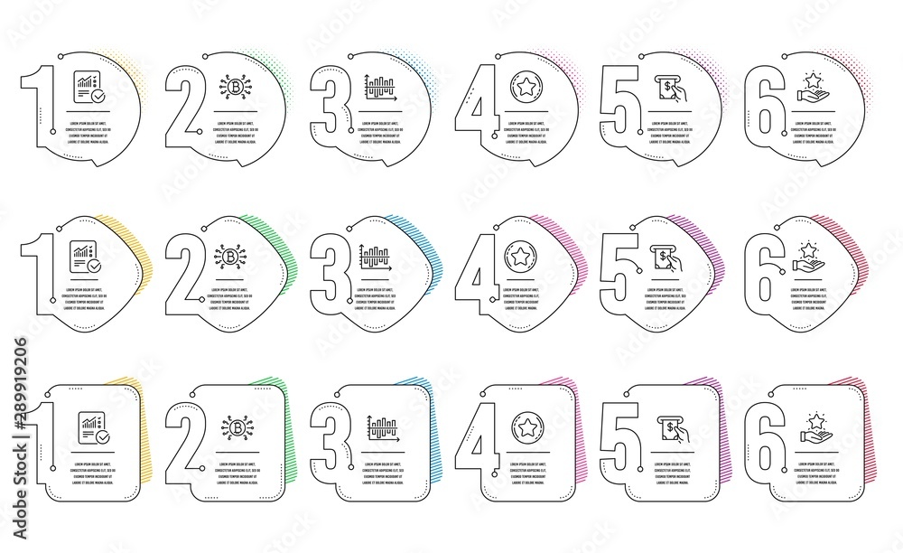 Poster bitcoin system, diagram chart and loyalty program line icons set. infographic timeline. atm service,