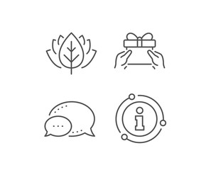 Give a Gift box line icon. Chat bubble, info sign elements. Present or Sale sign. Birthday Shopping symbol. Package in Gift Wrap. Linear give present outline icon. Information bubble. Vector