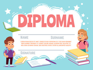 Kids diploma. Fun children celebrating certificate with characters for kindergarten preschool or school vector cartoon template
