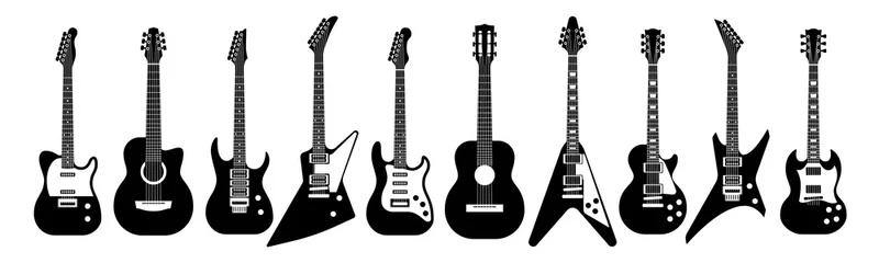 Schwarz-Weiß-Gitarren. Akustik- und E-Gitarre umreißen Musikinstrumente Vektor isoliertes Set © YummyBuum