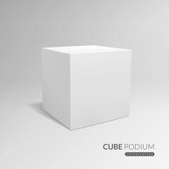 Cube podium. 3d cube pedestal, white blank block for product promo. 3d in perspective with shadow vector advertising template