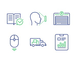 Parking garage, Scroll down and Face id line icons set. Truck transport, Approved documentation and Report document signs. Automatic door, Mouse swipe, Identification system. Delivery. Vector