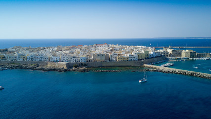 Fototapeta na wymiar Aerial photo shooting with drone on Gallipoli, famous Salento city on the Mediterranean sea