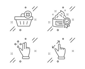 Cream, Delete order and Move gesture line icons set. Touchscreen gesture sign. Best lotion, Clean basket, Swipe. Zoom in. Business set. Line cream outline icon. Vector