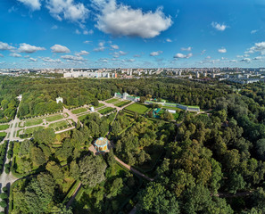 The residence of Sheremetevs Kuskovo on a summer sunny day. Regular garden in the French style. Aerial drone view