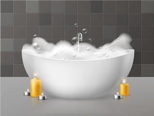 Bath with foam. Relaxing bath with soap bubbles foaming, bubbly bathtub in luxurious bathroom and burning candles. Vector concept