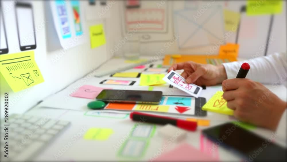 Poster Web designer is developing an application for mobile phones. Creating a layout of the user interface functions of smartphones.  