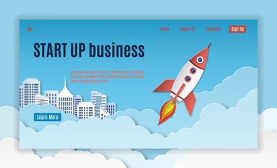 Startup landing. Mobil interface template of creative company project starting page vector website concept with rocket start