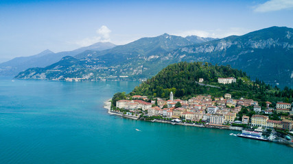 Fototapeta na wymiar Aerial photo shooting with drone on Bellagio, famous Lombardia city on the Como Lario Lake