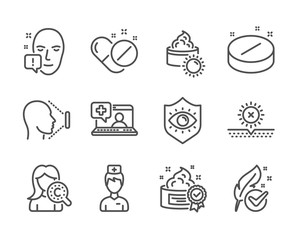 Set of Healthcare icons, such as Collagen skin, Face id, Medical tablet, Medical pills, Eye protection, Doctor, Face attention, Cream, Sun cream, No sun, Hypoallergenic tested line icons. Vector