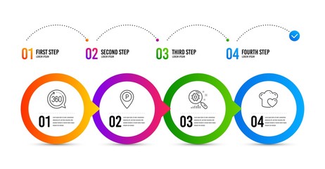360 degrees, Search statistics and Parking line icons set. Timeline infographic. Love cooking sign. Full rotation, Analysis, Park pointer. Chef hat. Business set. 360 degrees icon. Vector