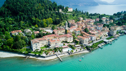 Fototapeta na wymiar Aerial photo shooting with drone on Bellagio, famous Lombardia city on the Como Lario Lake