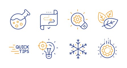 Organic tested, Chemistry lab and Snowflake line icons set. Seo idea, Education and Target path signs. Cogwheel, Gear symbols. Bio ingredients, Laboratory. Science set. Vector