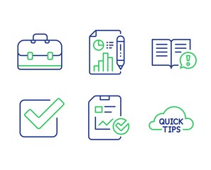 Report checklist, Facts and Portfolio line icons set. Checkbox, Report document and Quick tips signs. Sales growth file, Important information, Business case. Approved tick. Education set. Vector