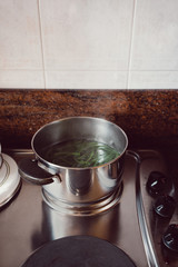 Green beans cooking in a pot