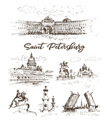 Hand drawn different landmarks of Saint Petersburg. Sketches on white background.