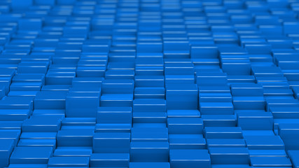 Grid of blue cubes. Wide shot. 3D computer generated background image.