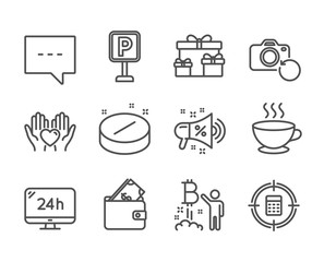 Set of Business icons, such as Surprise boxes, Coffee cup, Sale megaphone, 24h service, Wallet, Medical tablet, Blog, Parking, Hold heart, Calculator target, Bitcoin project line icons. Vector