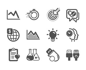 Set of Science icons, such as World money, Time management, Light bulb, Medical drugs, Patient history, Chemistry lab, Line chart, Flash memory, Fast recovery, Investment graph, Targeting. Vector