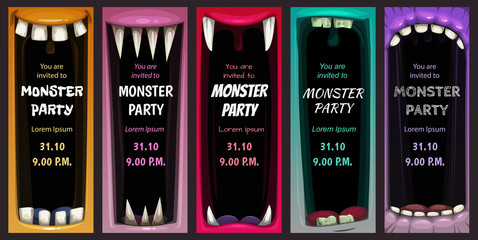 Creepy Halloween party invitation flyers. Colorful screaming monster mouth posters. © lilu330