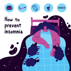 Young woman who has overcome insomnia lying in bed.Woman suffering from insomnia.What causes insomnia banner.How to prevent insomnia.Vector illustration.Flat