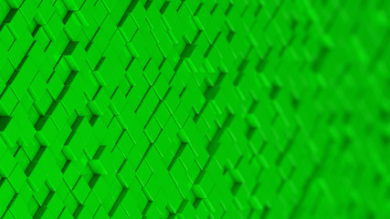 Grid of green cubes. Wide shot. 3D computer generated background image.