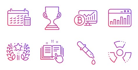 Calendar, Bitcoin chart and Chemistry pipette line icons set. Ranking, Award cup and Technical documentation signs. Marketing statistics, Chemical hazard symbols. Gradient calendar icon. Vector