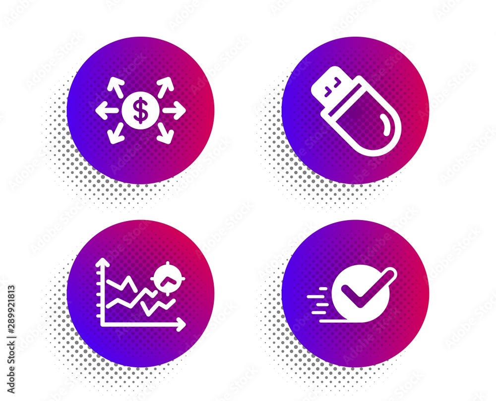 Poster usb stick, dollar exchange and seo analysis icons simple set. halftone dots button. checkbox sign. m
