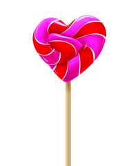 Red and pink heart lollipop on a white background, tasty candy, lovers, a treat for children. Valentines day. Food, dessert, sugar. 3D effect. Vector illustration. EPS10