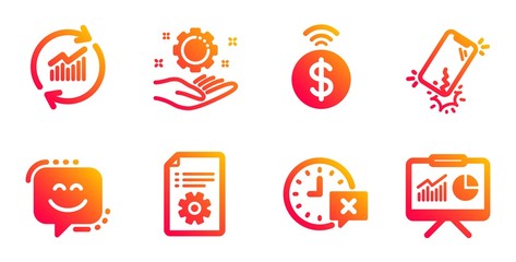 Contactless payment, Time and Employee hand line icons set. Smartphone broken, Update data and Smile face signs. Technical documentation, Presentation symbols. Vector