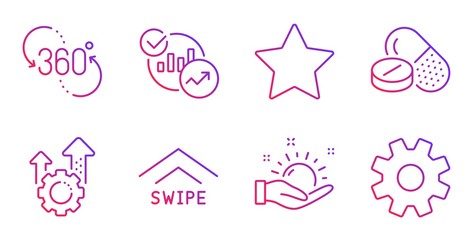 Seo gear, Medical drugs and Swipe up line icons set. 360 degree, Statistics and Star signs. Sunny weather, Service symbols. Cogwheel, Medicine pills. Science set. Gradient seo gear icon. Vector