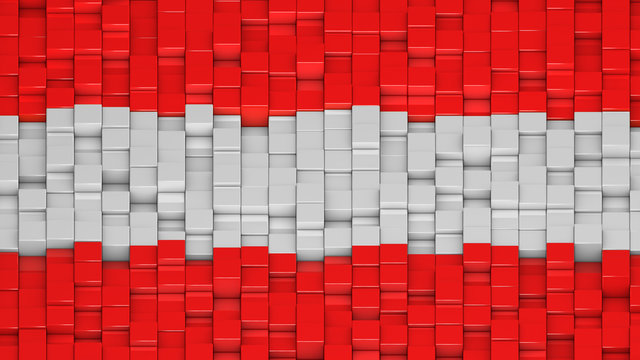 Austrian flag made of cubes in a random pattern.