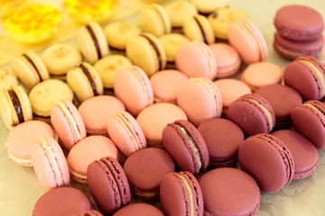 Close up colorful macarons dessert with vintage pastel tones